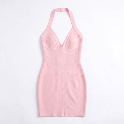 Sunoire fashionable halter deep v neck sexy high waisted bodycon bandage short dresses women elegant nightclub cocktail party gown garment flatlay 01
