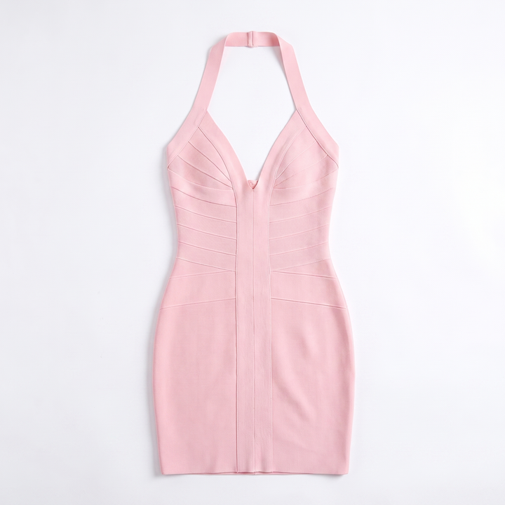 Sunoire fashionable halter deep v neck sexy high waisted bodycon bandage short dresses women elegant nightclub cocktail party gown garment flatlay 01
