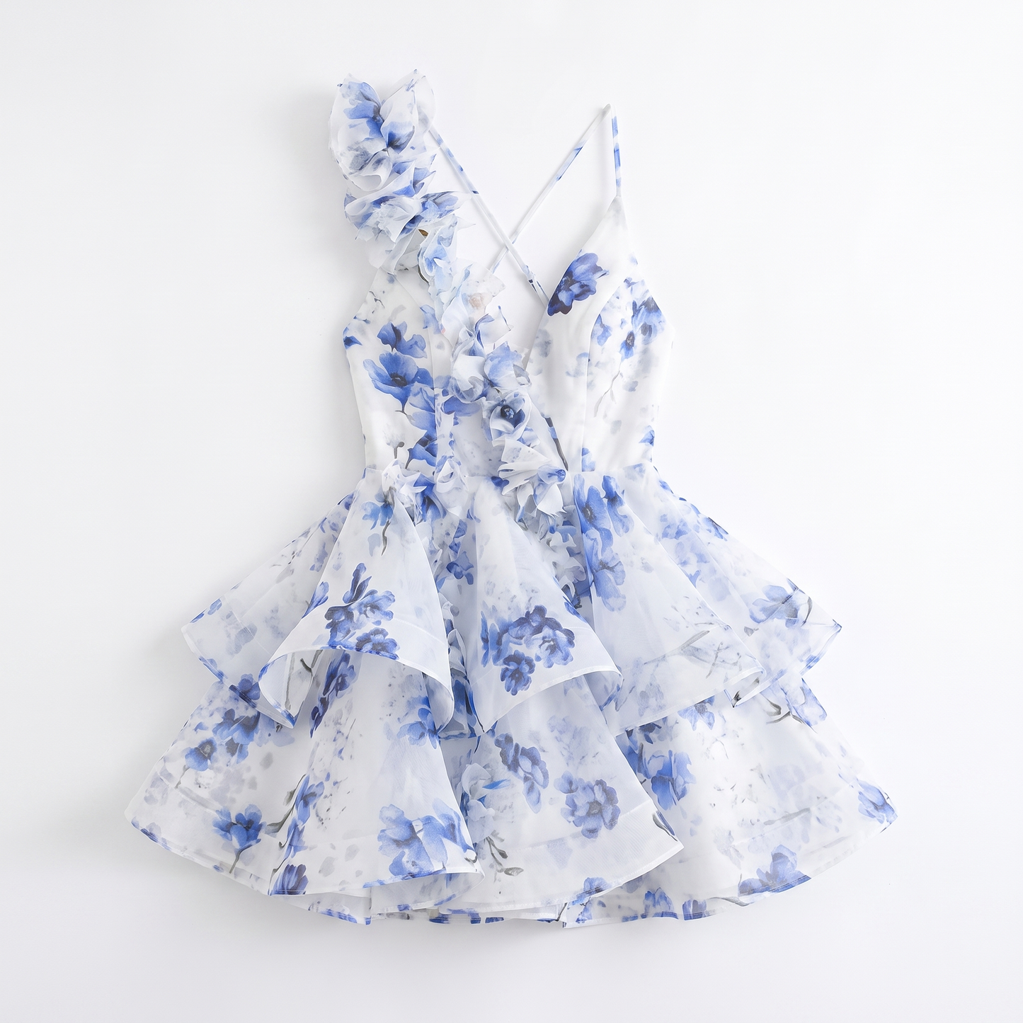 Sunoire fashionable sexy vacation party club flower printed sleeveless halter deep v neck backless mini women sexy dress garment flatlay 01