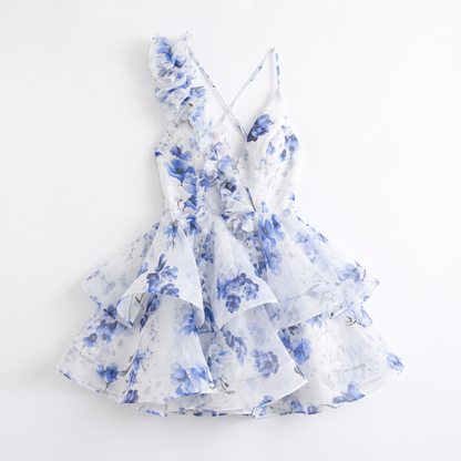 Sunoire fashionable sexy vacation party club flower printed sleeveless halter deep v neck backless mini women sexy dress garment flatlay 01