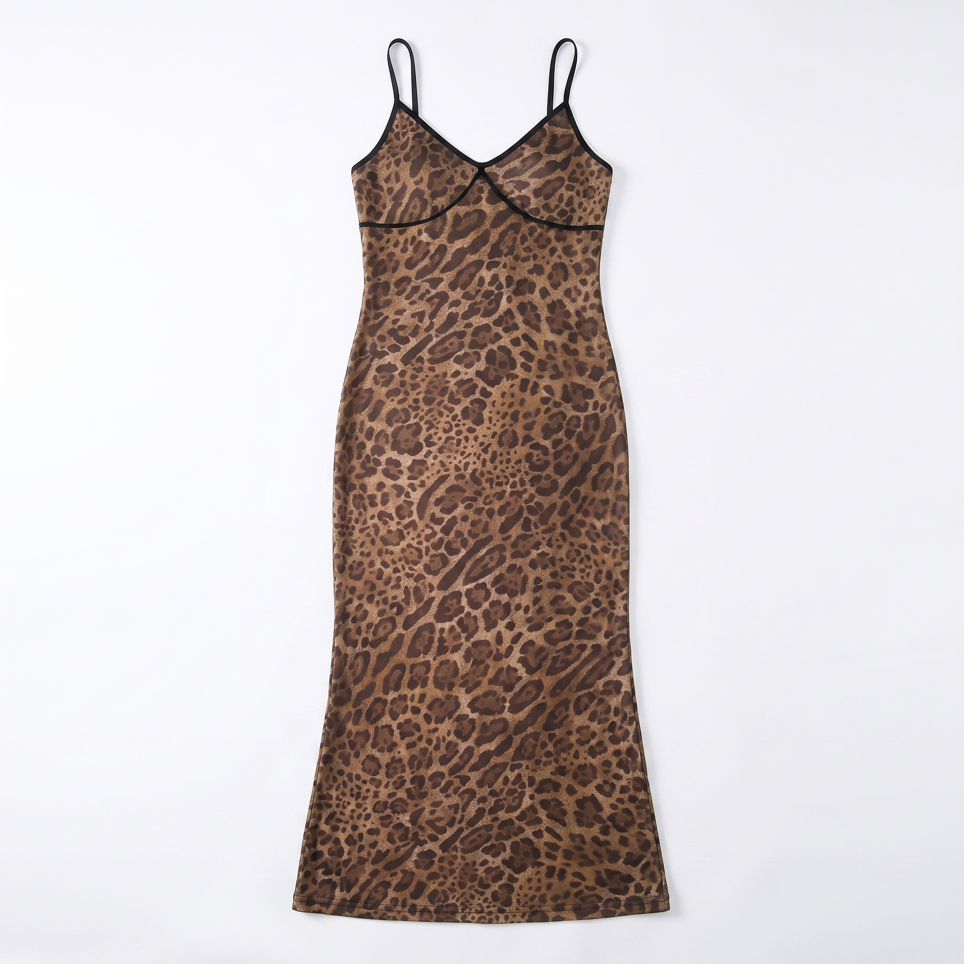 Sunoire fashionable sleeveless leopard v neck party backless bodycon women midi dress garment flatlay 01