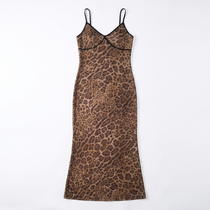 Sunoire fashionable sleeveless leopard v neck party backless bodycon women midi dress garment flatlay 01