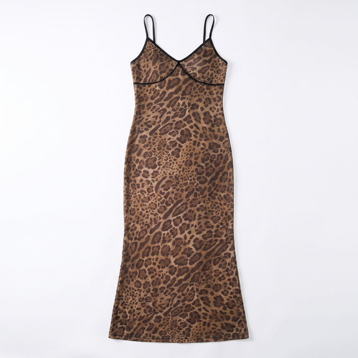 Sunoire fashionable sleeveless leopard v neck party backless bodycon women midi dress garment flatlay 01