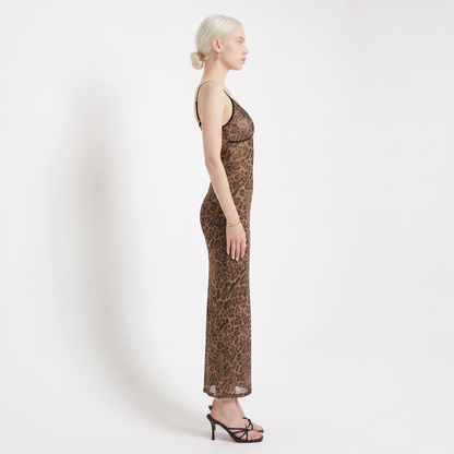 Sunoire fashionable sleeveless leopard v neck party backless bodycon women midi dress side view 01