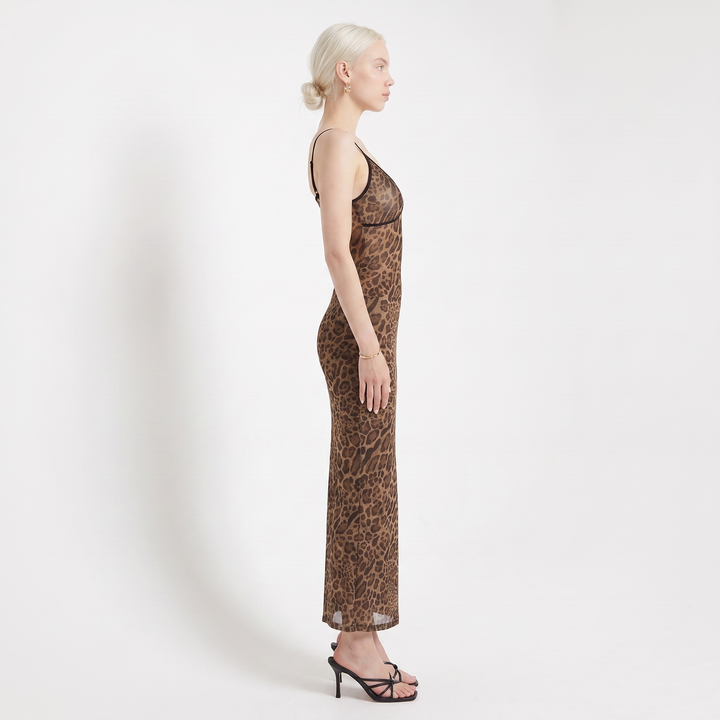 Sunoire fashionable sleeveless leopard v neck party backless bodycon women midi dress side view 01
