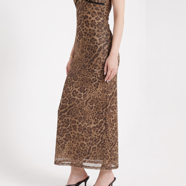 Sunoire fashionable sleeveless leopard v neck party backless bodycon women midi dress worn detail 01