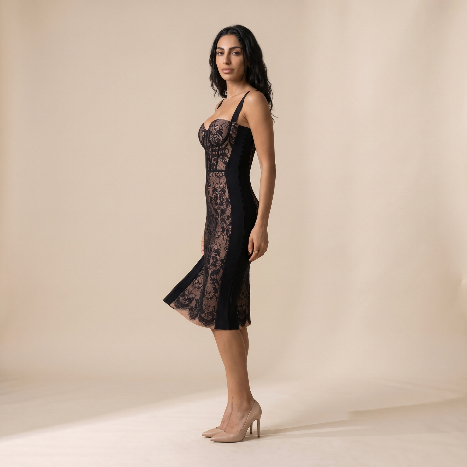 Sunoire finbar patchwork lace bandage dress side view 01