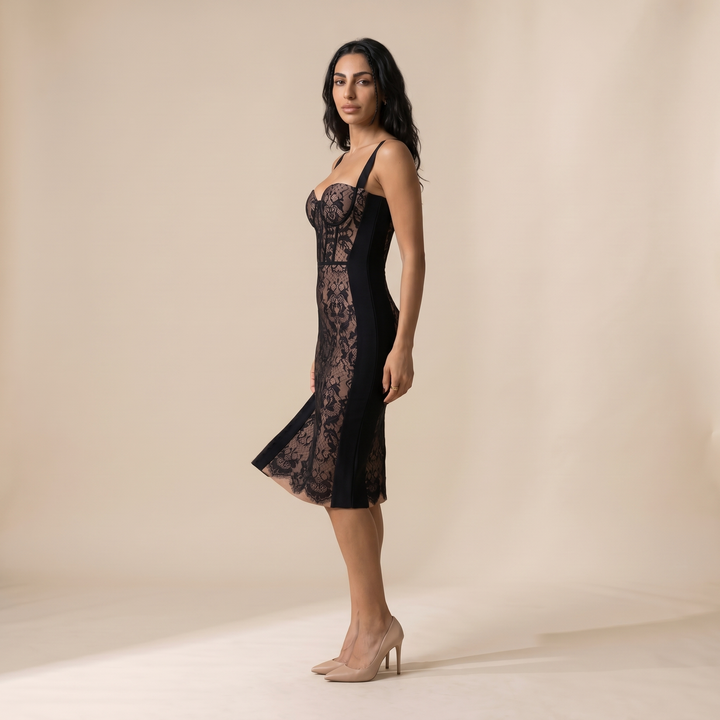 Sunoire finbar patchwork lace bandage dress side view 01