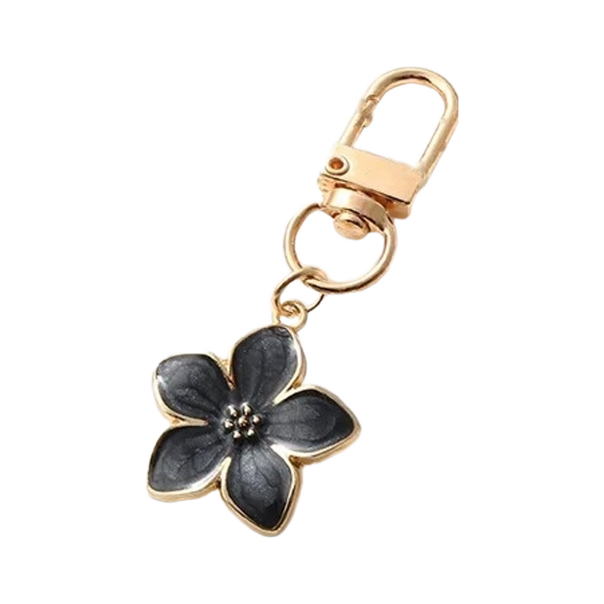 Black enamel flower bag charm on a gold swivel clasp