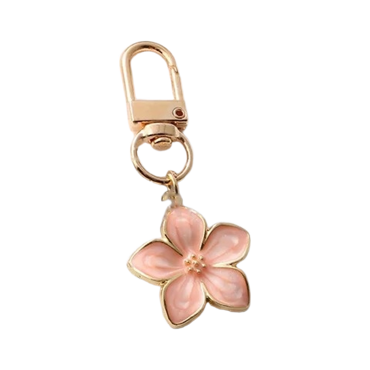 Pink enamel flower bag charm on a gold swivel clasp