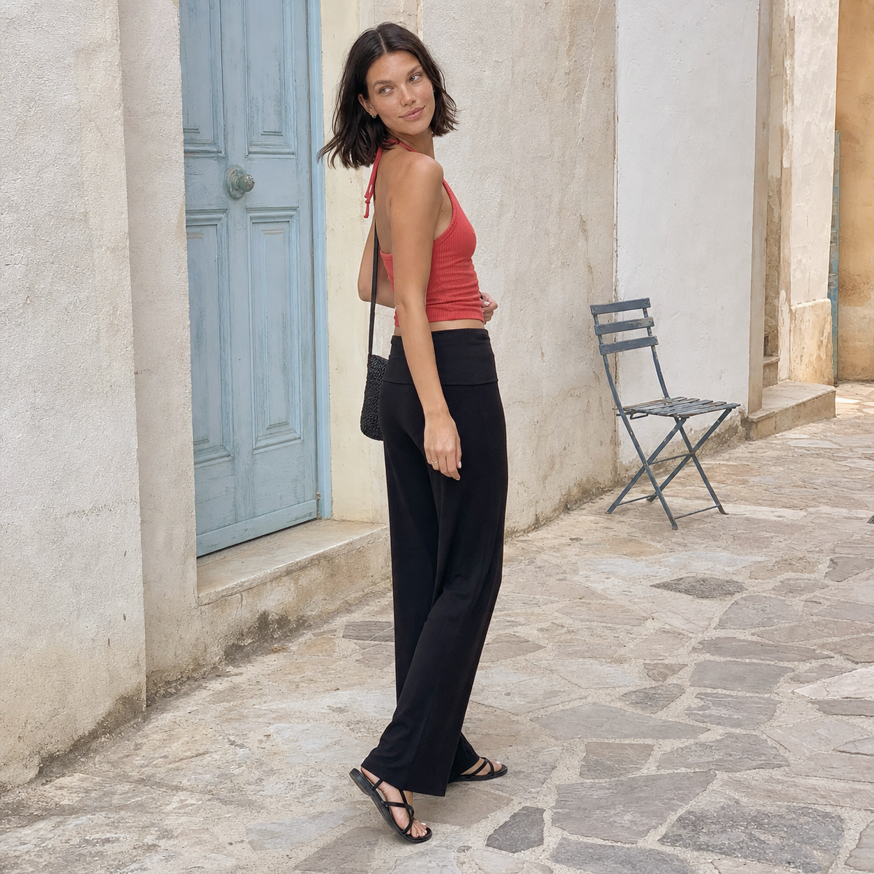 Foldover Waist Wide Leg Pants – Flowy Everyday Casual Trousers — lifestyle photo
