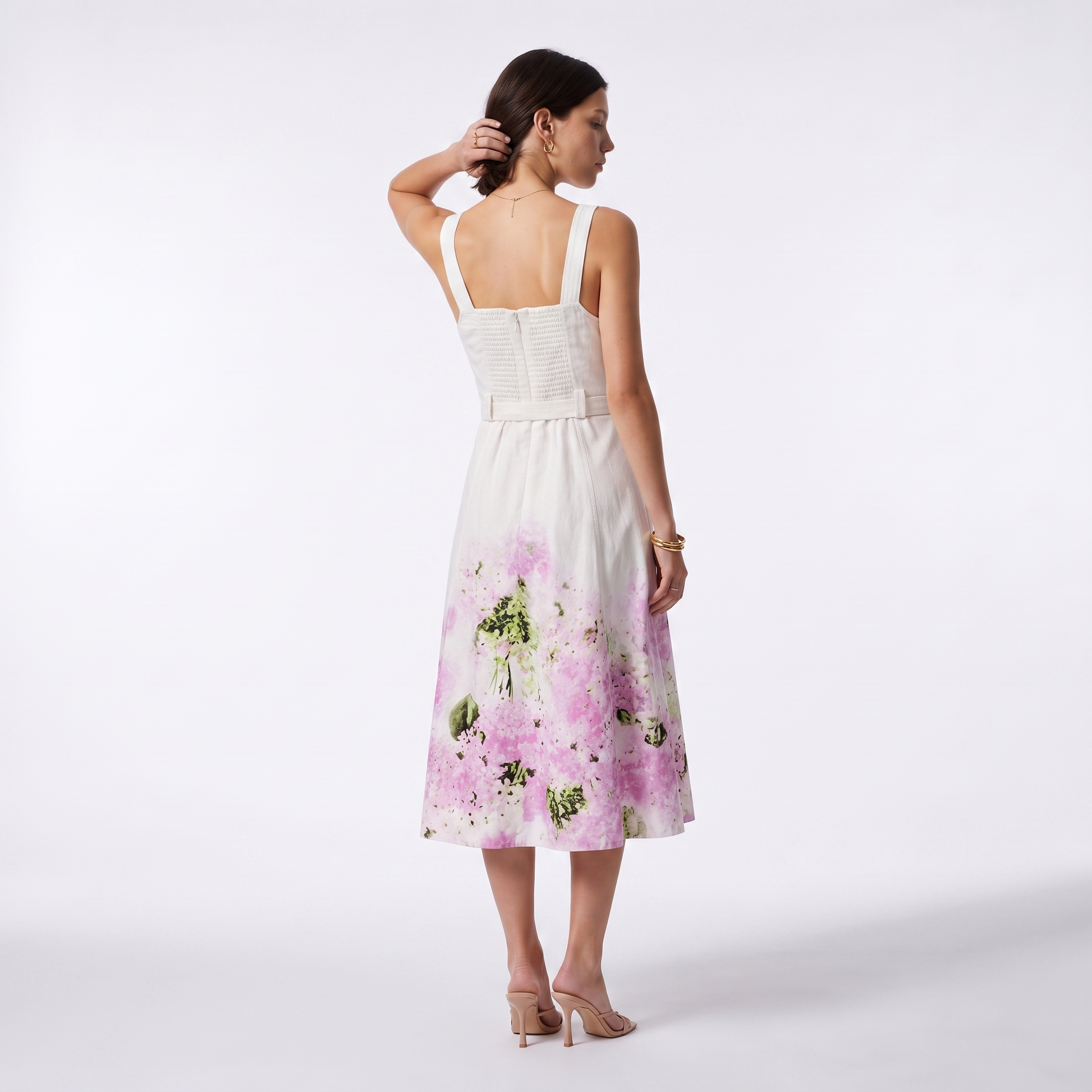 Sunoire french style gentle sweet gradient print suspender mid length dress metal buckle decoration ladies elegant party dresses back view 01
