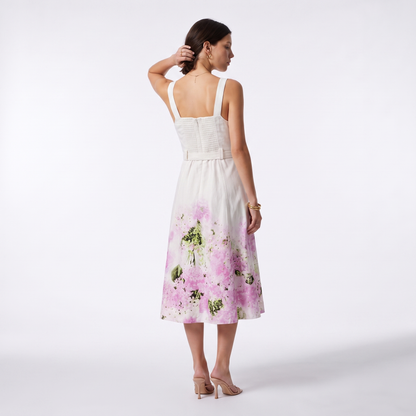 Sunoire french style gentle sweet gradient print suspender mid length dress metal buckle decoration ladies elegant party dresses back view 01