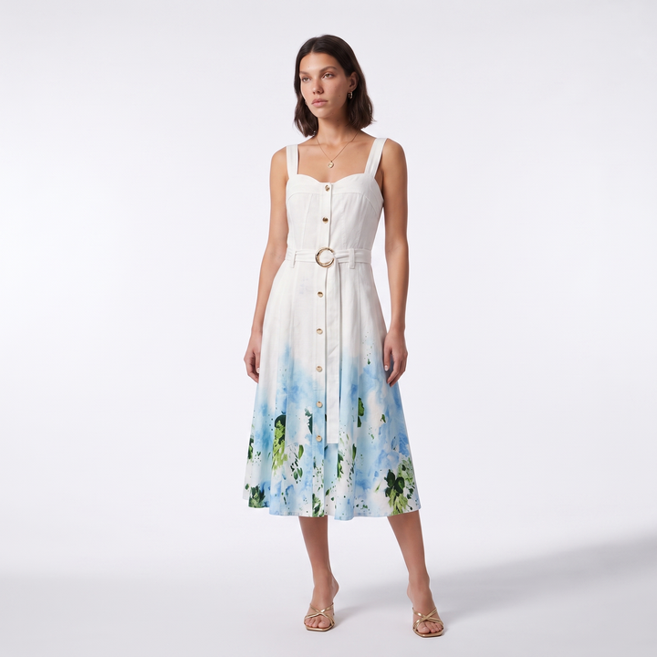 Sunoire french style gentle sweet gradient print suspender mid length dress metal buckle decoration ladies elegant party dresses colorway blue front hero 01