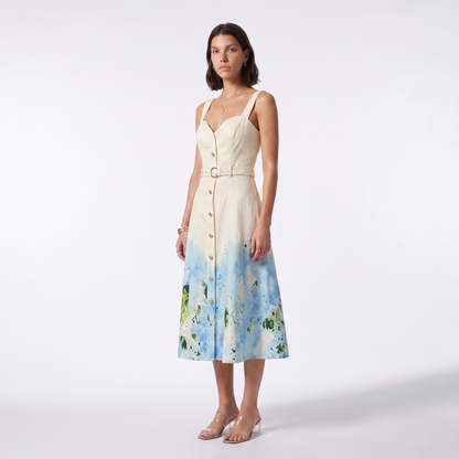 Sunoire french style gentle sweet gradient print suspender mid length dress metal buckle decoration ladies elegant party dresses colorway cream blue front hero 01