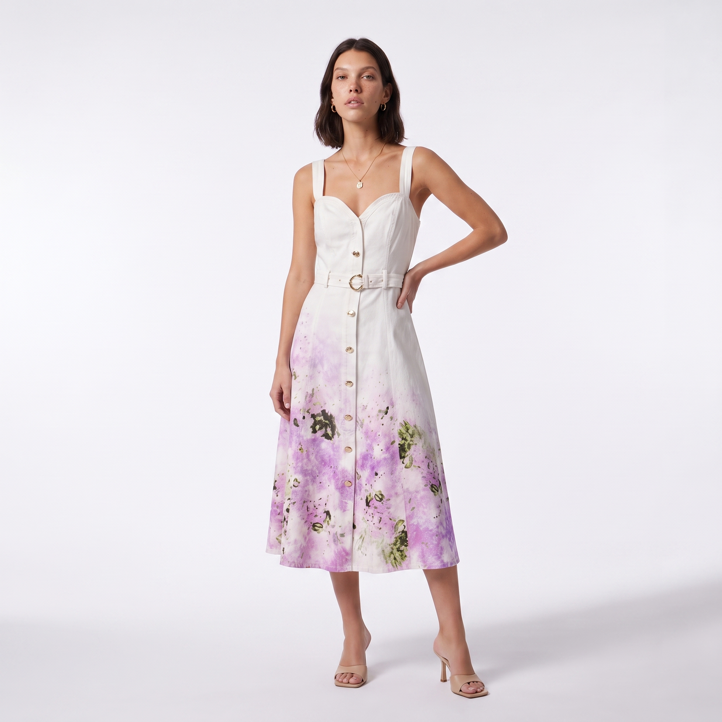 Sunoire french style gentle sweet gradient print suspender mid length dress metal buckle decoration ladies elegant party dresses colorway purple front hero 01