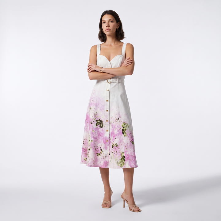 Sunoire french style gentle sweet gradient print suspender mid length dress metal buckle decoration ladies elegant party dresses front hero 01