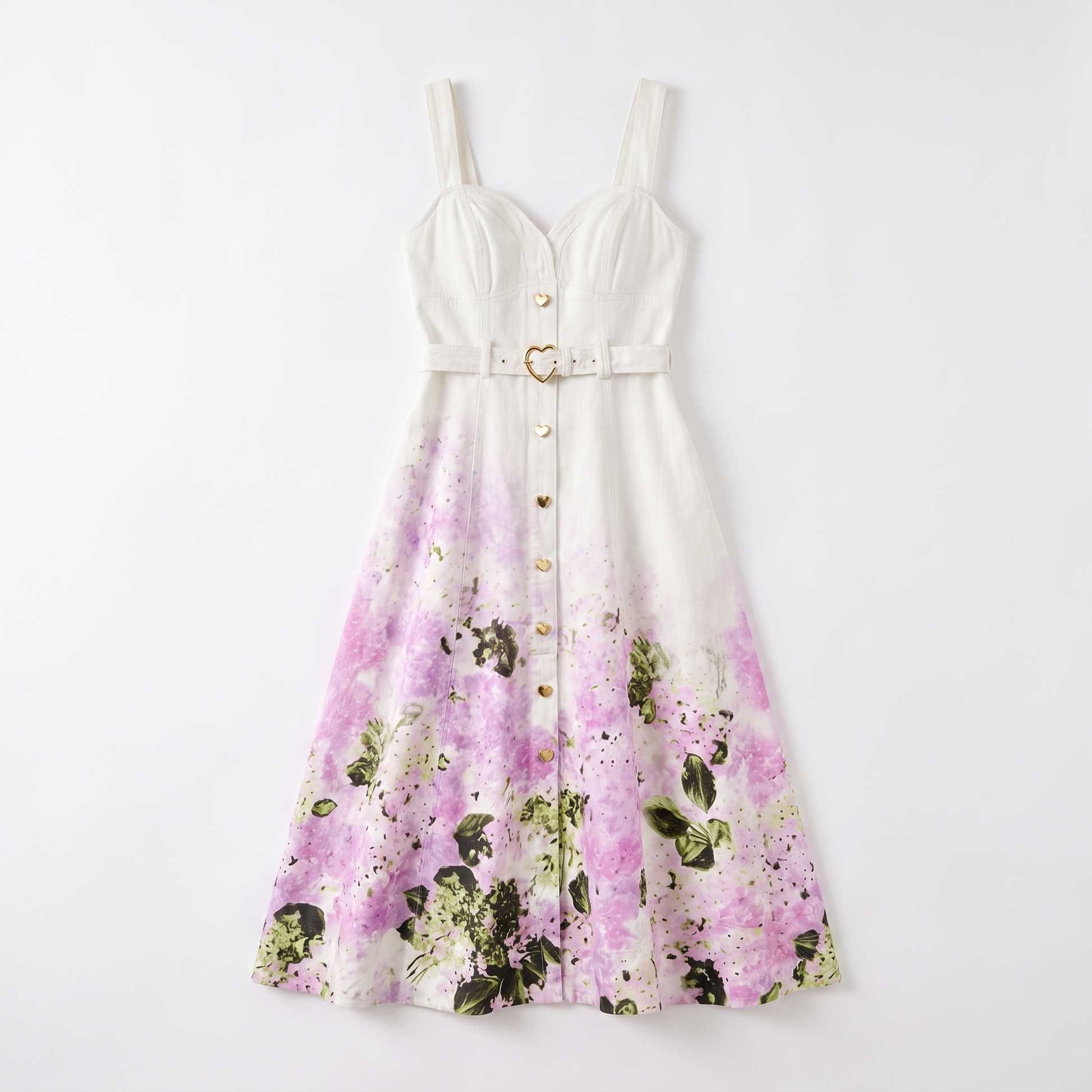 Sunoire french style gentle sweet gradient print suspender mid length dress metal buckle decoration ladies elegant party dresses garment flatlay 01