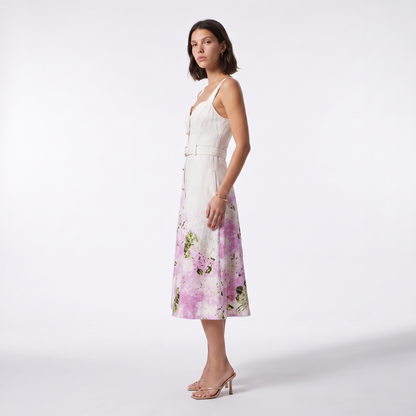 Sunoire french style gentle sweet gradient print suspender mid length dress metal buckle decoration ladies elegant party dresses side view 01