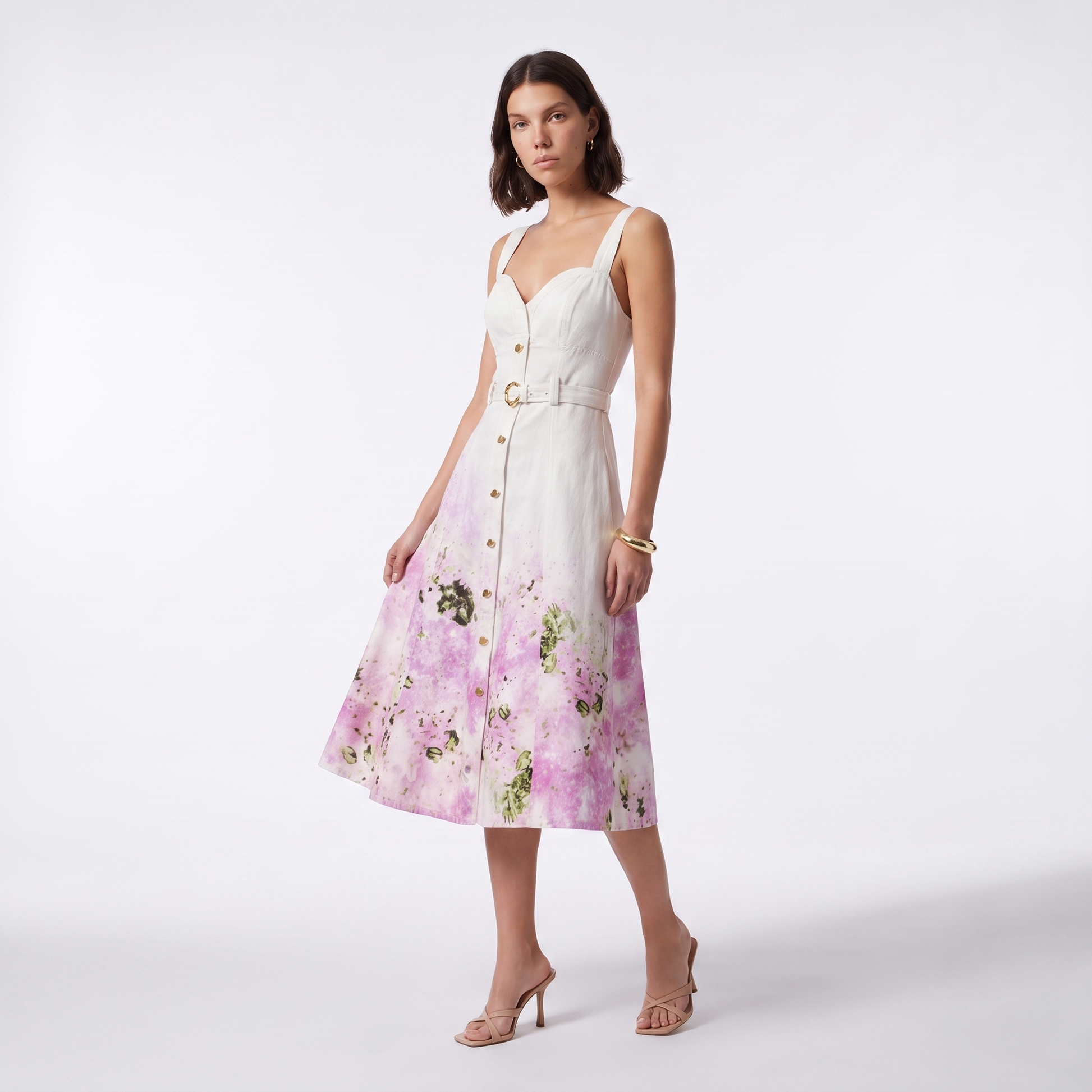 Sunoire french style gentle sweet gradient print suspender mid length dress metal buckle decoration ladies elegant party dresses three quarter 01