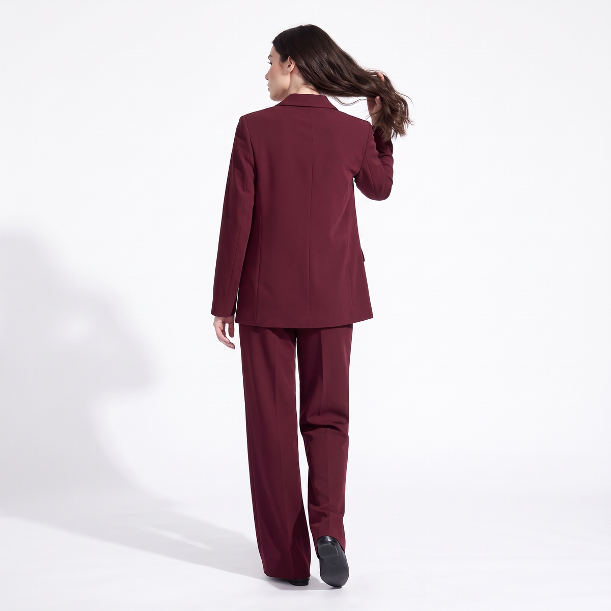 Women's Double Breasted Blazer and Wide Leg Trouser Suit, Burgundy, back view