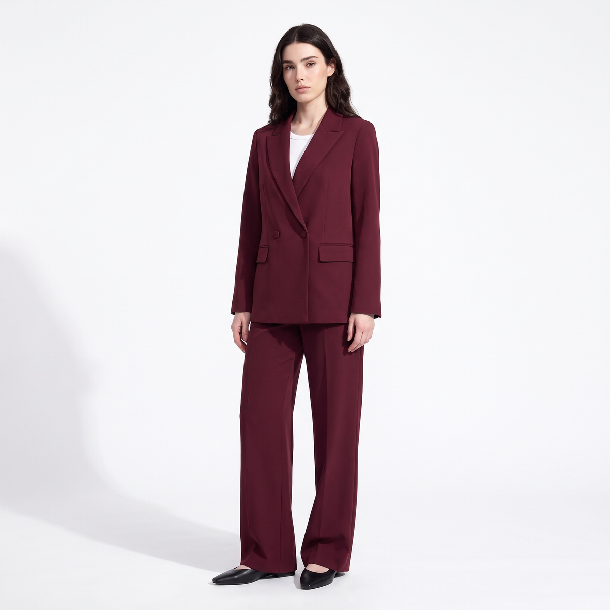 Women's Double Breasted Blazer and Wide Leg Trouser Suit, Burgundy, front view