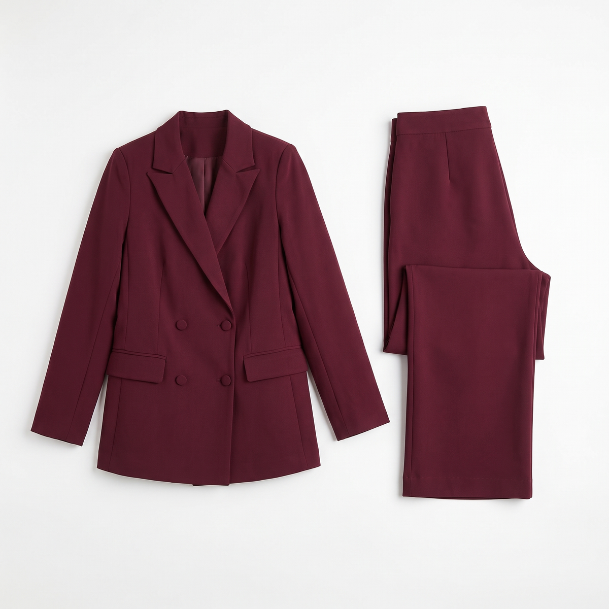 Women's Double Breasted Blazer and Wide Leg Trouser Suit, Burgundy, flatlay view