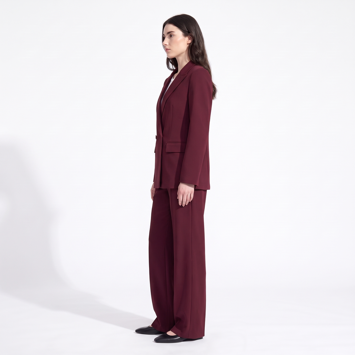 Women's Double Breasted Blazer and Wide Leg Trouser Suit, Burgundy, side view