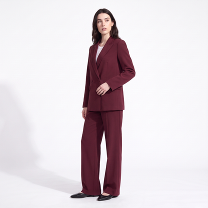 Women's Double Breasted Blazer and Wide Leg Trouser Suit, Burgundy, three quarter view