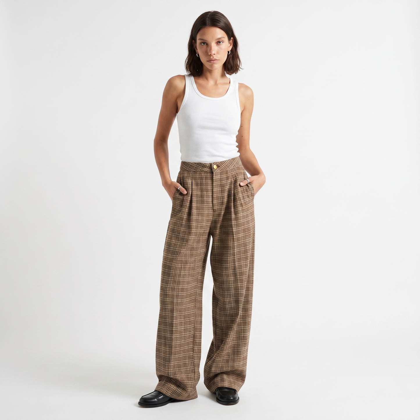 Sunoire plaid wide leg pleated front pants brown front hero
