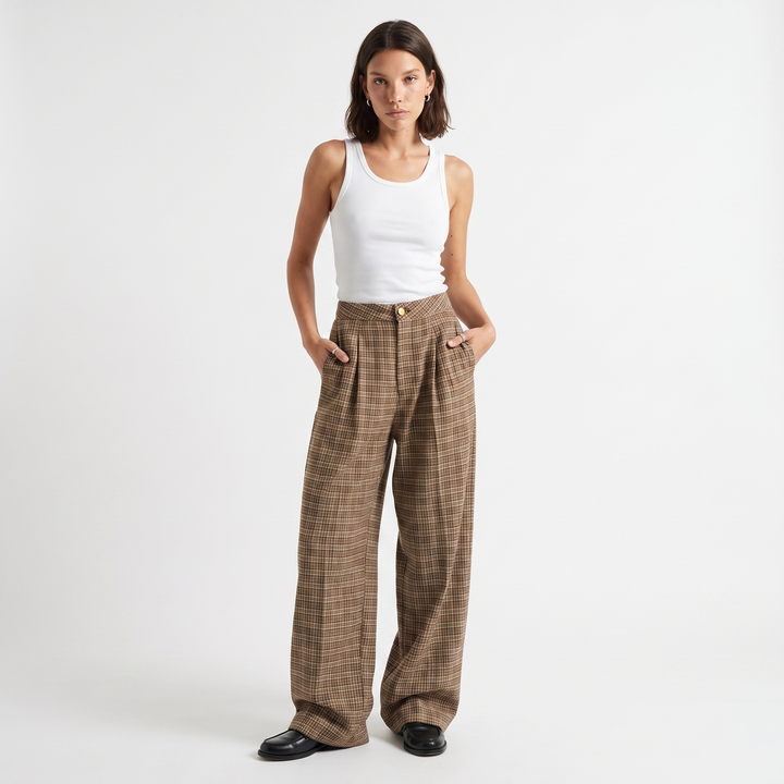 Sunoire plaid wide leg pleated front pants brown front hero