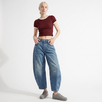 Sunoire wide-leg barrel cargo jeans medium wash denim front hero