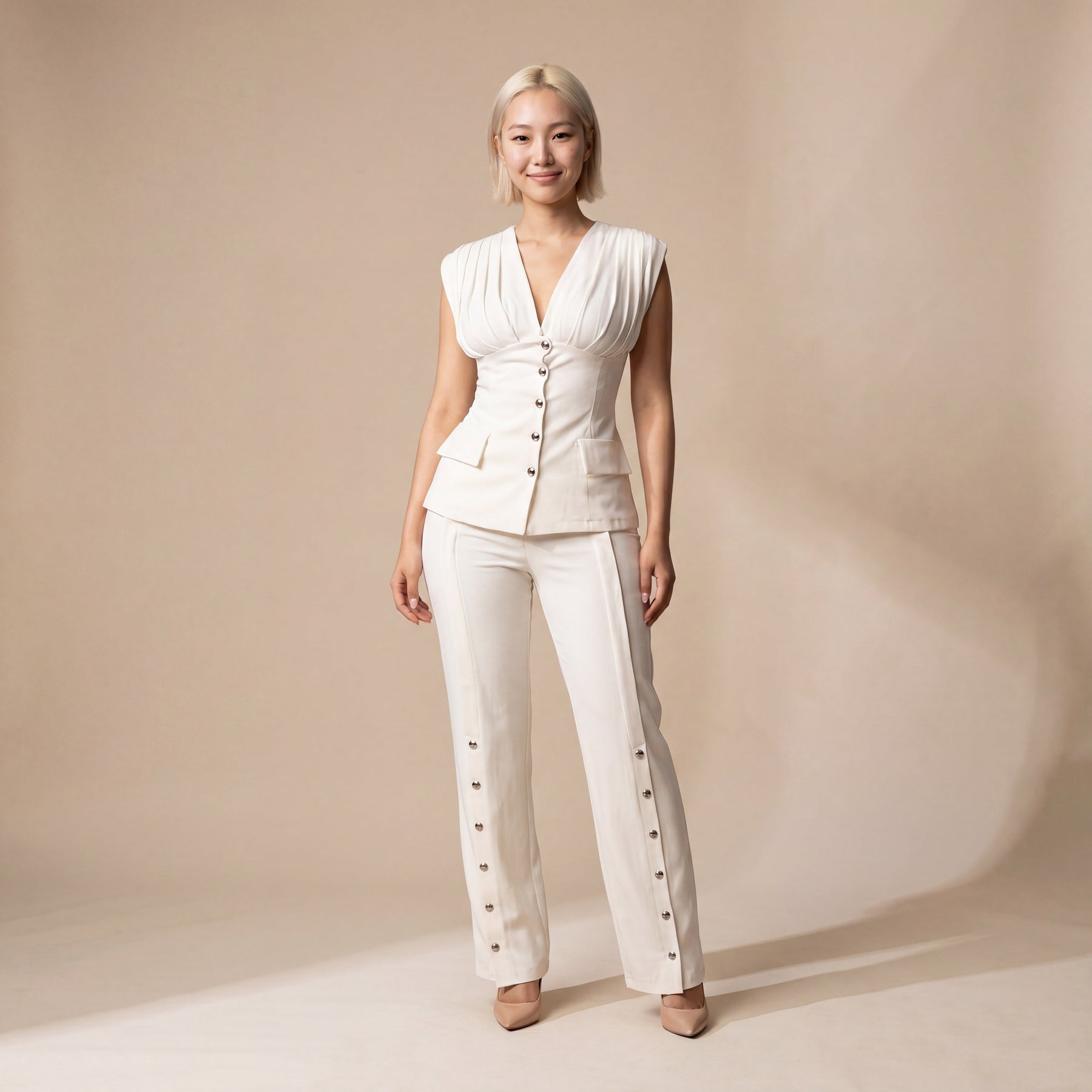Sunoire 2 pieces outfit deep v neck sleeveless ruched button front flap detail backless cinched waist top and button decor seam front wide leg pants set front hero 01