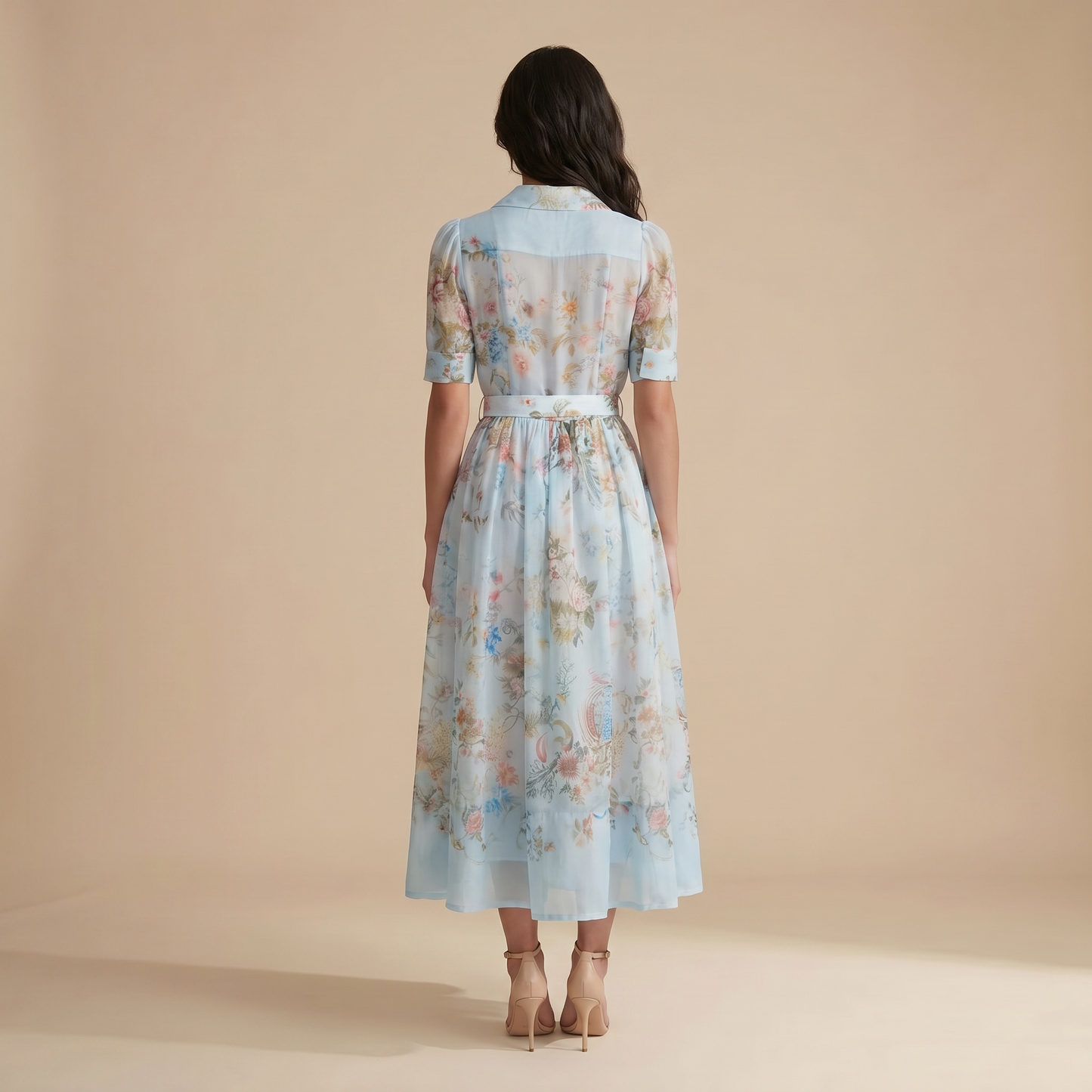 Sunoire garden girl moment blue floral print short sleeve maxi dress back view 01