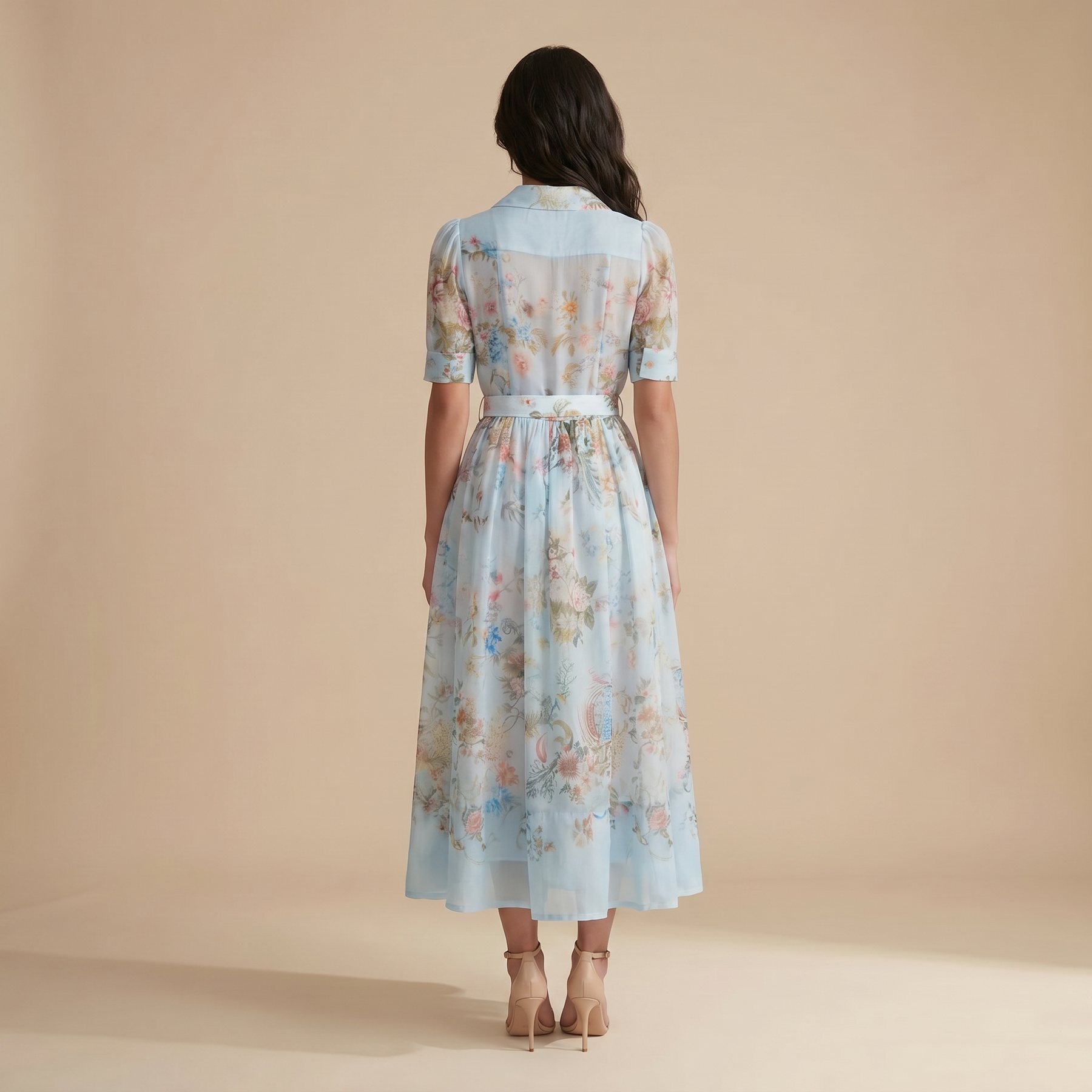 Sunoire garden girl moment blue floral print short sleeve maxi dress back view 01