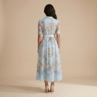 Sunoire garden girl moment blue floral print short sleeve maxi dress back view 01