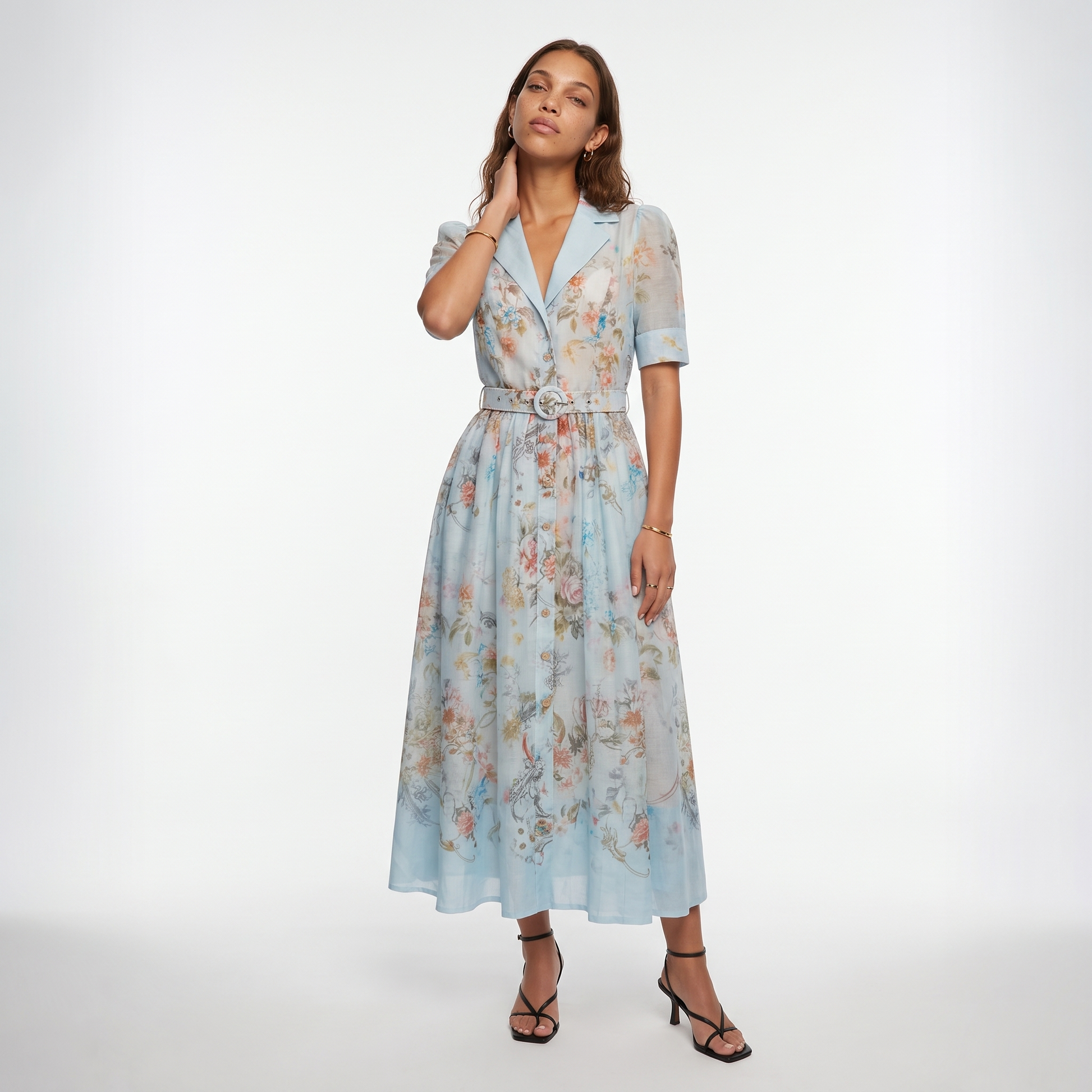 Sunoire garden girl moment blue floral print short sleeve maxi dress front hero 01