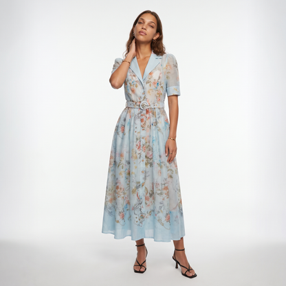 Sunoire garden girl moment blue floral print short sleeve maxi dress front hero 01