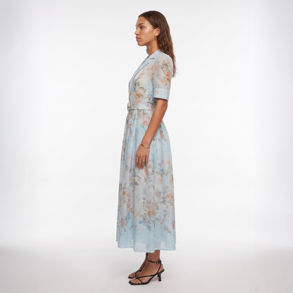 Sunoire garden girl moment blue floral print short sleeve maxi dress side view 01