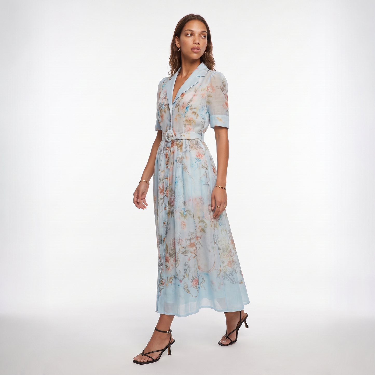 Sunoire garden girl moment blue floral print short sleeve maxi dress three quarter 01
