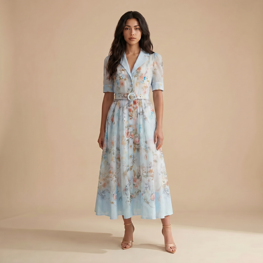 Sunoire garden girl moment blue floral print short sleeve maxi dress three quarter 01