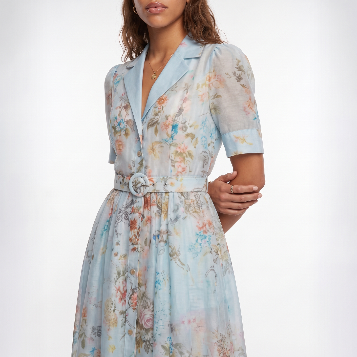Sunoire garden girl moment blue floral print short sleeve maxi dress torso crop 01