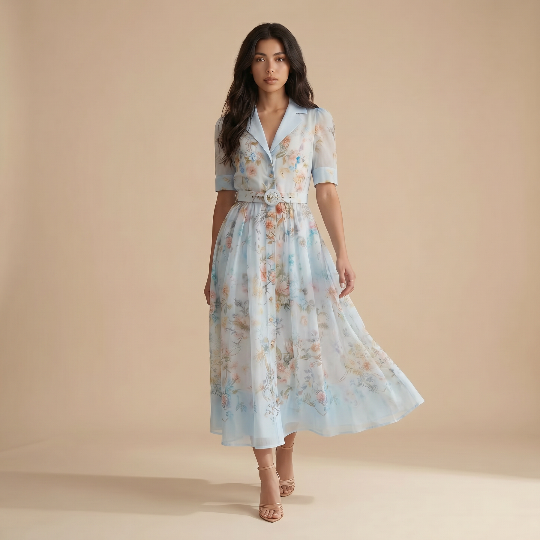 Sunoire garden girl moment blue floral print short sleeve maxi dress walking 01