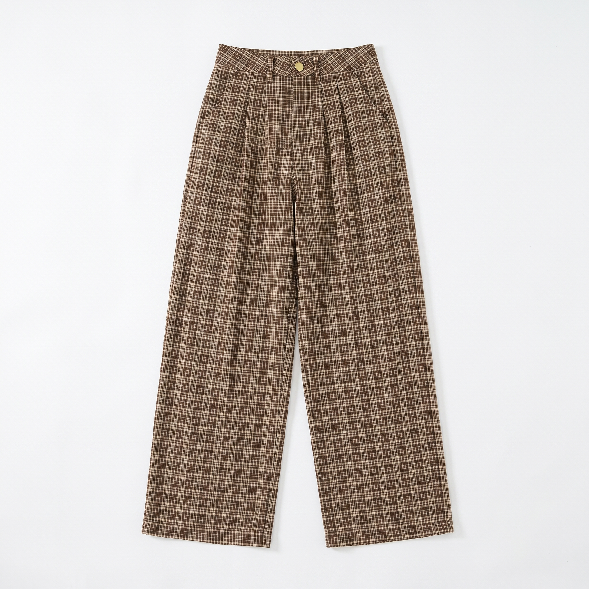 Sunoire plaid wide leg pleated front pants brown garment flatlay