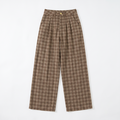 Sunoire plaid wide leg pleated front pants brown garment flatlay