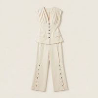Sunoire 2 pieces outfit deep v neck sleeveless ruched button front flap detail backless cinched waist top and button decor seam front wide leg pants set garment flatlay 01