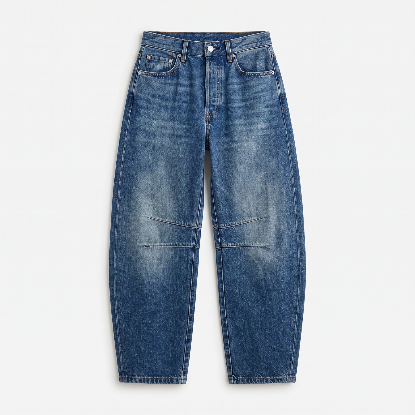 Sunoire wide-leg barrel cargo jeans medium wash denim garment flatlay