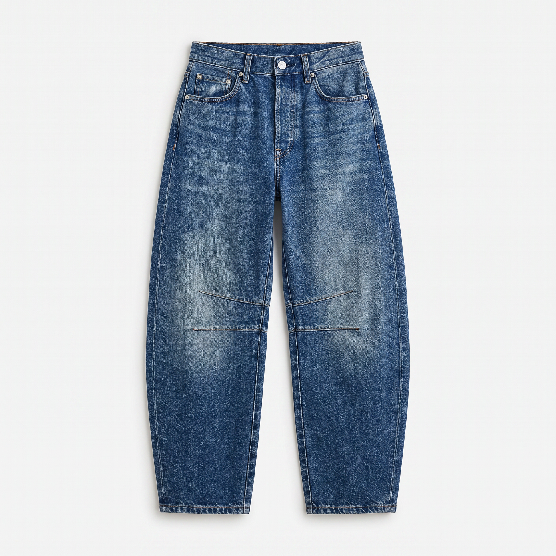Sunoire wide-leg barrel cargo jeans medium wash denim garment flatlay