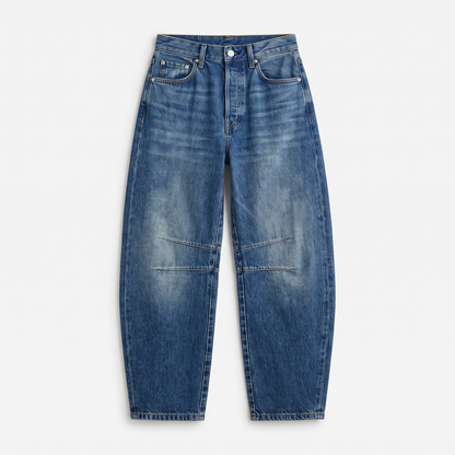 Sunoire wide-leg barrel cargo jeans medium wash denim garment flatlay