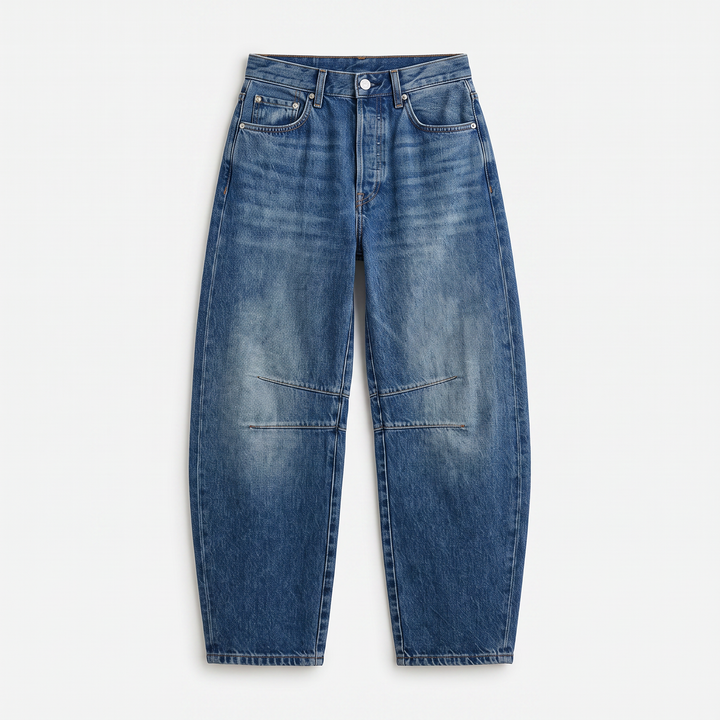 Sunoire wide-leg barrel cargo jeans medium wash denim garment flatlay